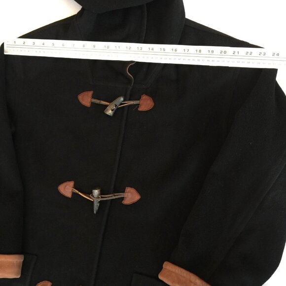VINTAGE 100% WOOL LEATHER TRIM HOODED DUFFLE COAT WOMENS 10 BLACK MADE IN USA - Picture 13 of 14